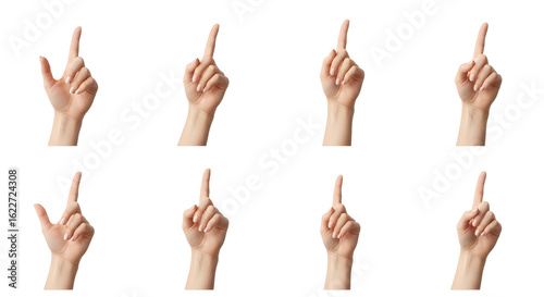 Eight female hands pointing upwards various gestures