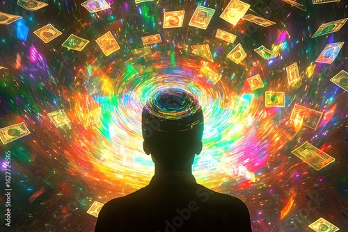 Silhouette of man looking at spiraling money vortex and abstract light