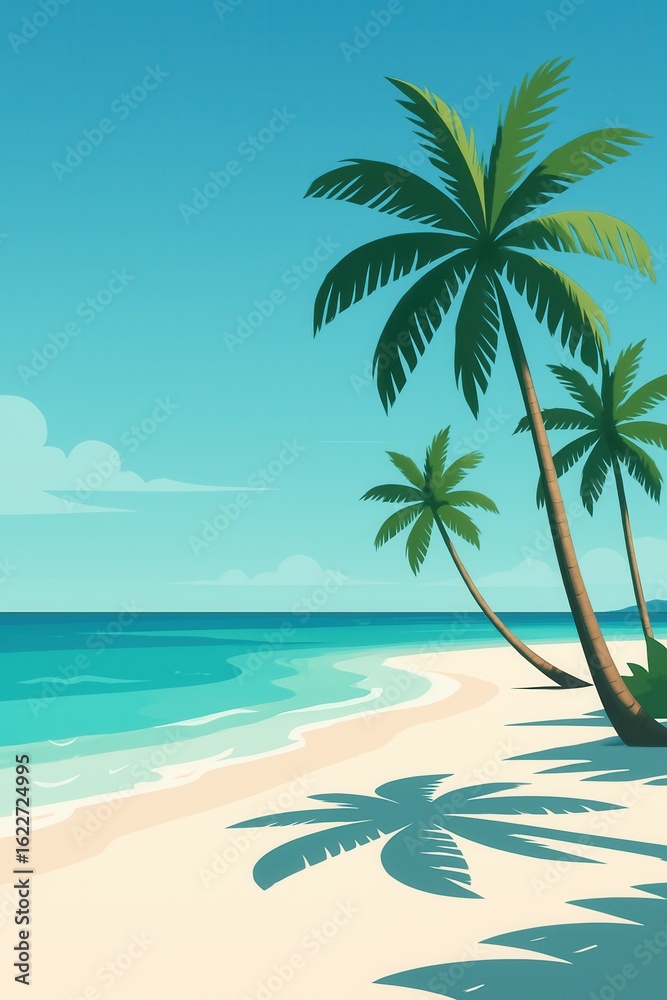 custom made wallpaper toronto digitalMinimal illustration of a serene beach in Maldives featuring tall palm trees casting shadows on white sand under a clear blue sky and turquoise sea