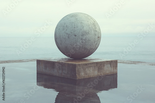 Large ball atop concrete block.
