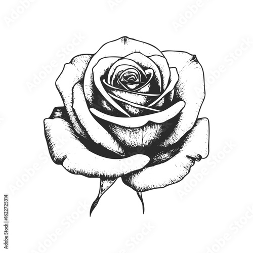 Intricate black and white rose sketch with detailed petals