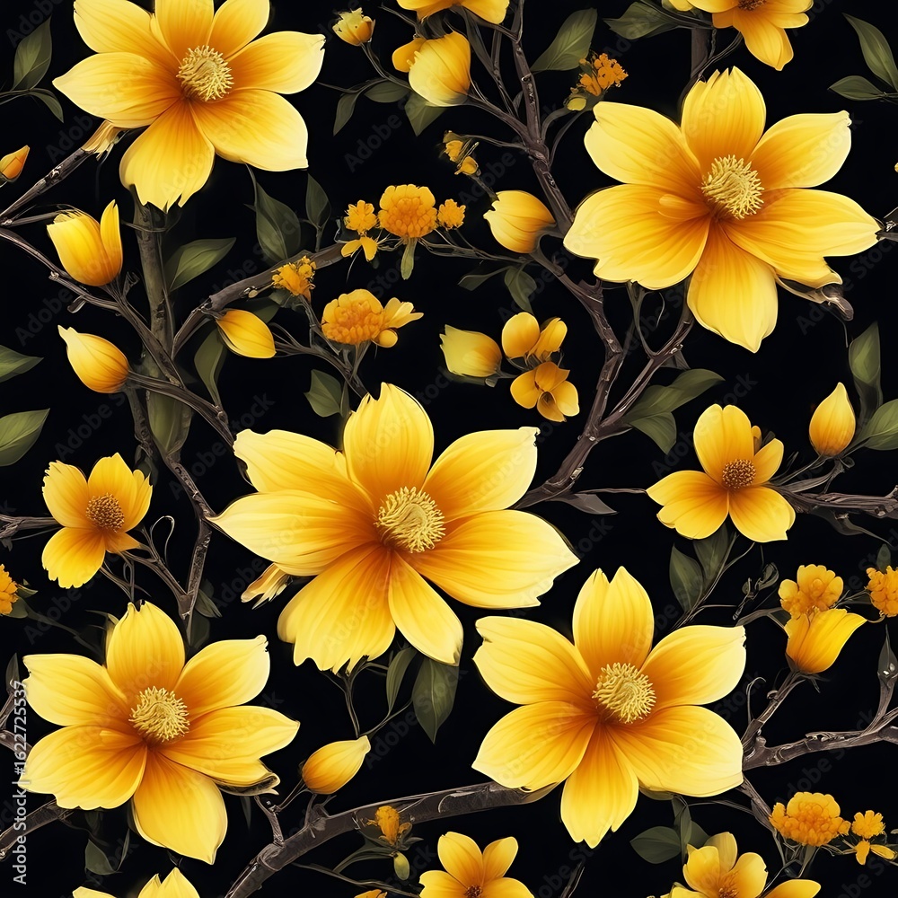 Fototapeta premium Seamless Pattern of Yellow Apricot Flowers on Black – Vietnamese New Year Floral Design
