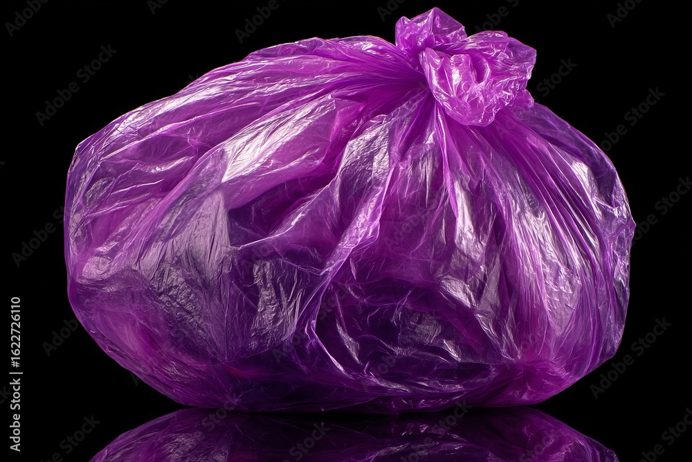 Fototapeta premium Purple plastic bag filled with waste sitting on a reflective surface in a studio setting