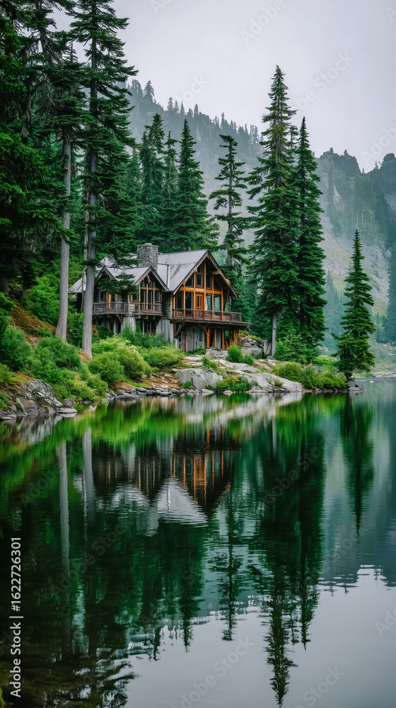 Fototapeta premium Peaceful lakeside cabin surrounded by tall trees and mountains on a misty morning