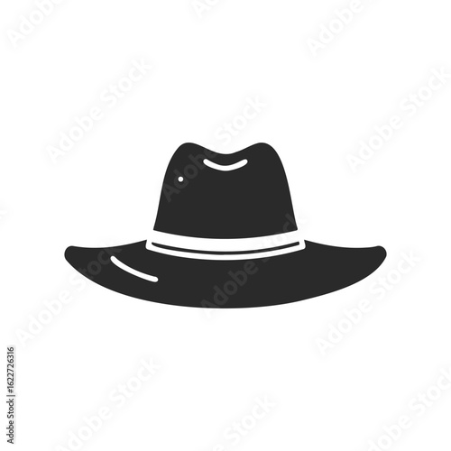 Black silhouette of wide-brimmed fedora hat on white background