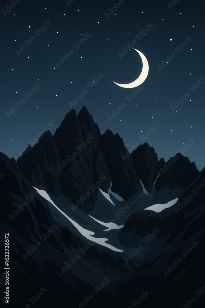 Obraz premium Digital night scene of Italy's Dolomites with tall mountain ridges below a crescent moon and bright stars in a calm minimalist landscape illustration