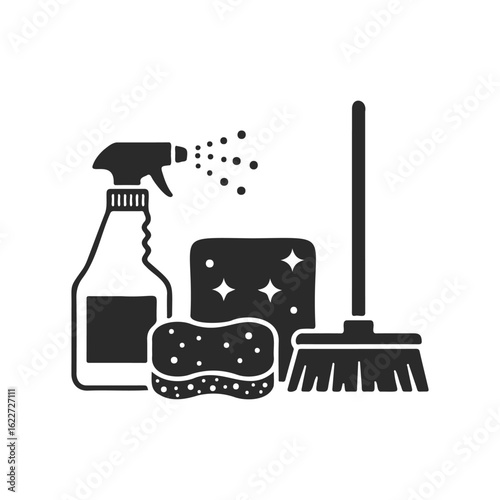 Cleaning tools silhouette: spray bottle, sponge, broom icon on white background