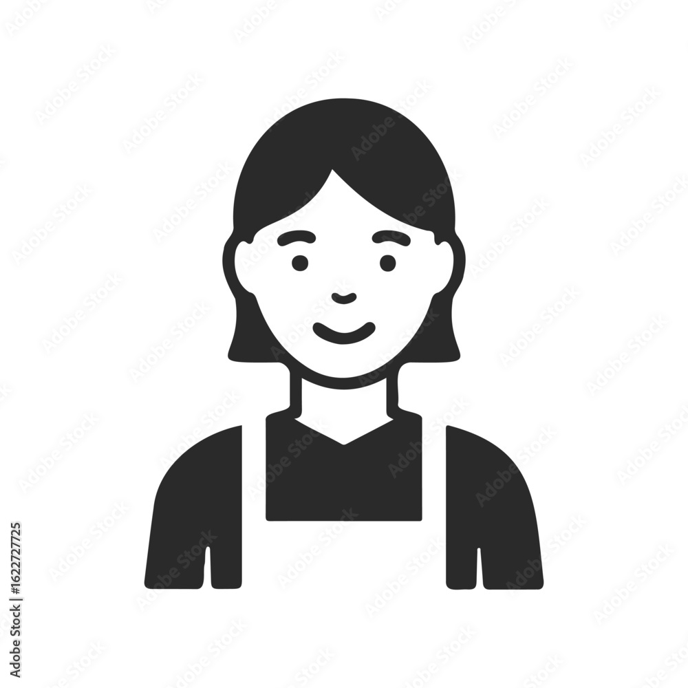 Female character icon: smiling woman in apron, simplistic black and white design Female character icon: smiling woman in apron, simplistic black and white design