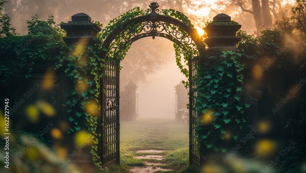 Fototapeta premium A wrought-iron gate draped in ivy welcomes you to a serene, misty garden path.