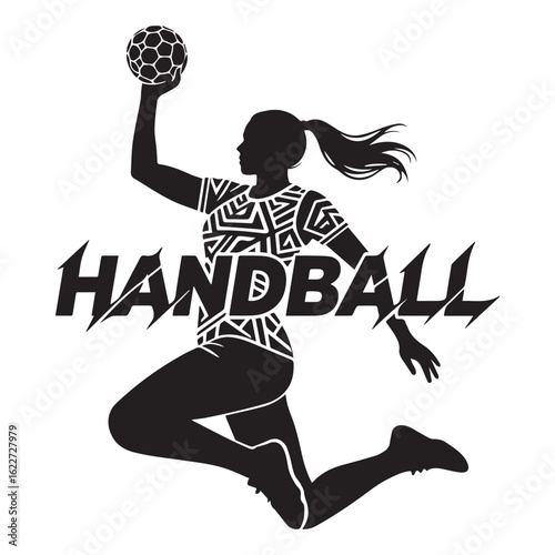Black and white silhouette illustration of a female handball player . 