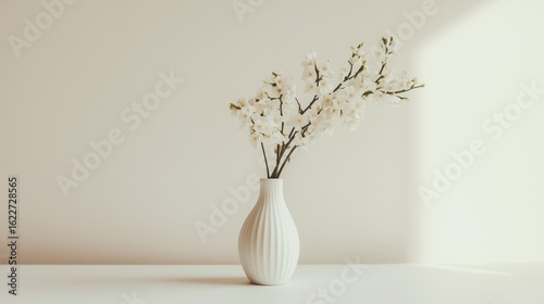 White Blossoms in Minimalist Vase on White Table