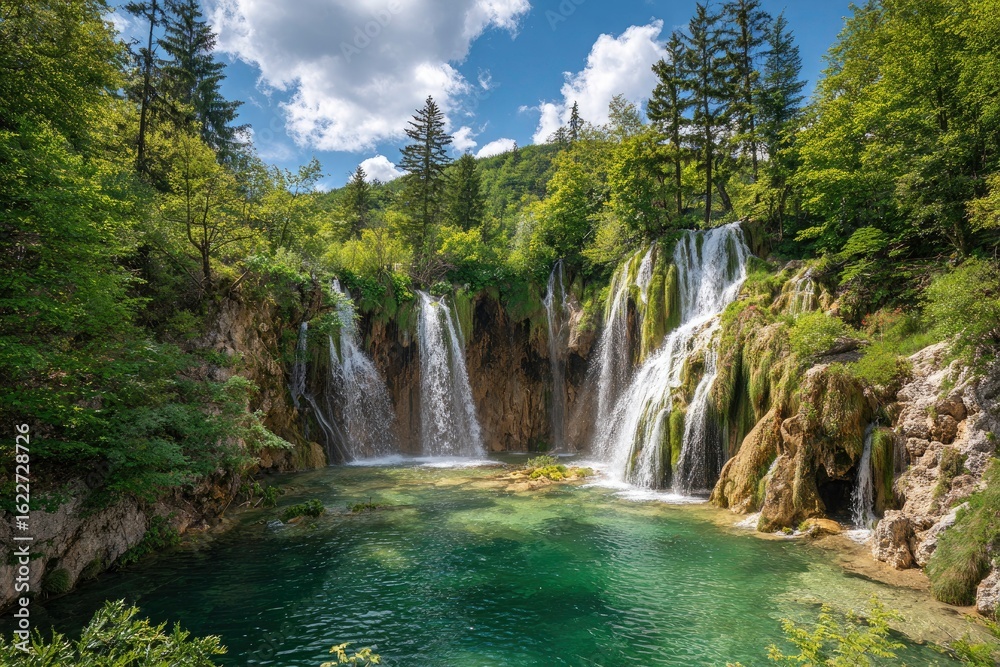 Fototapeta premium Serene Waterfall Cascade in Lush Green Forest