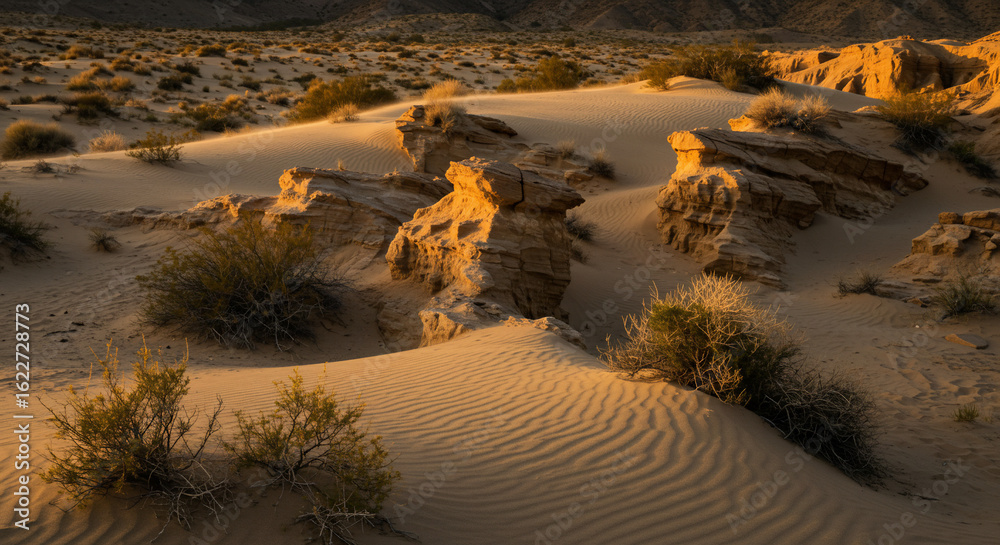 Naklejka premium Arid desert landscape with sand dunes, sparse vegetation, and rock formations under warm sunlight