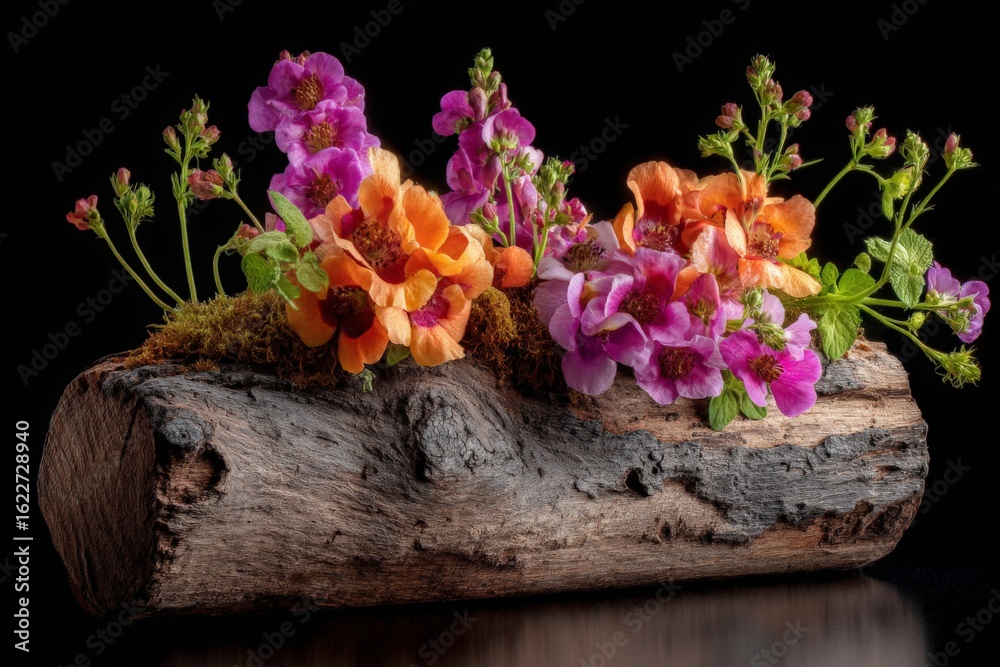 Fototapeta premium Brightly colored flowers bloom on a rustic log with moss, creating a stunning floral display in a dark setting