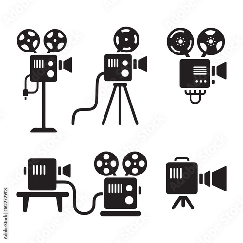  Collection of 10 black line-art icons of vintage film projectors, isolated on a pure white background. 