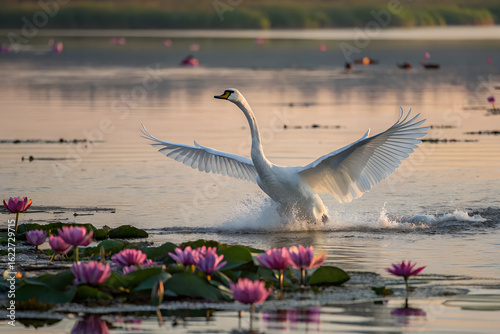 Geese Folding Their Wings on a Tranquil Lake.