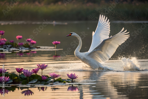 Geese Folding Their Wings on a Tranquil Lake.
