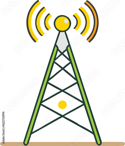 Cartoon cell tower with signal waves communication broadcast