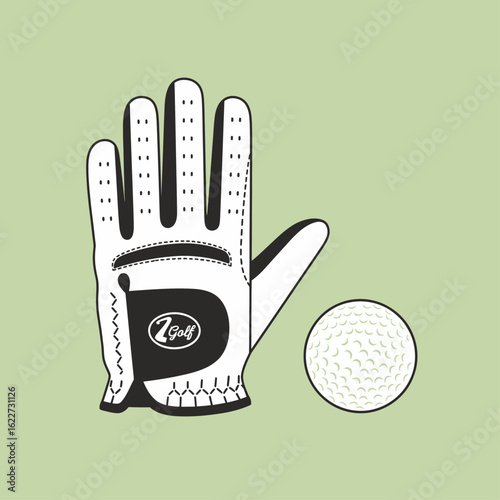 Illustration of a golf glove and a golf ball against a light green background.