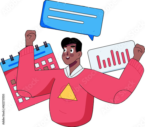 Excited young professional celebrating project success with data charts, schedule planning, and communication, feeling overjoyed and ready to take on new challenges in the modern business world