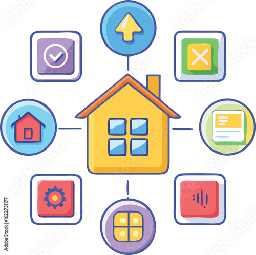 Colorful vector illustration of a yellow house with surrounding icons home technology
