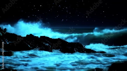 Bioluminescent waves crashing on dark rocks at night