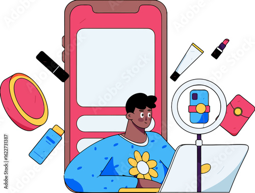 Engaging content creator crafting social media posts, using phone and laptop with ring light, surrounded by makeup products, perfect for beauty tutorials and vlogging content creation