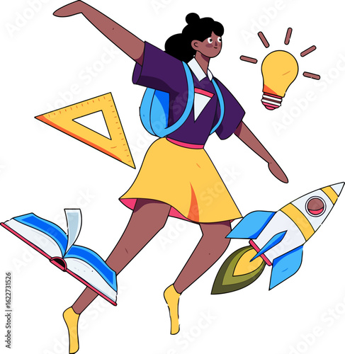 Empowered student soaring with knowledge and innovation, ready to explore new ideas and embrace learning with passion, inspiring future generations of thinkers and creators, growth mindset