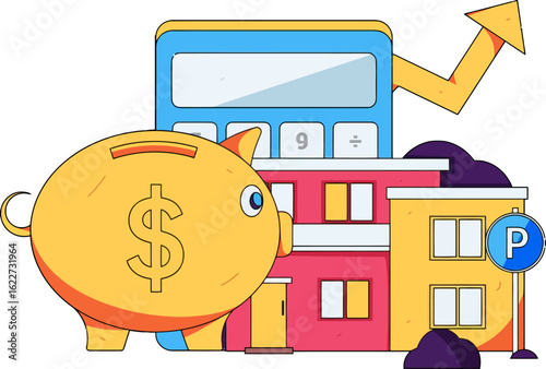 Invest in real estate for financial freedom success with property investments and savings growth, featuring a piggy bank, house, calculator, and rising arrow symbolizing wealth accumulation