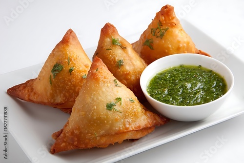Golden crispy samosas served with vibrant mint chutney, a delicious snack perfect for any occasion.