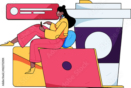 Creative freelancer enjoys coffee break while working remotely on a laptop and phone, embracing a modern digital lifestyle and staying connected with online notifications