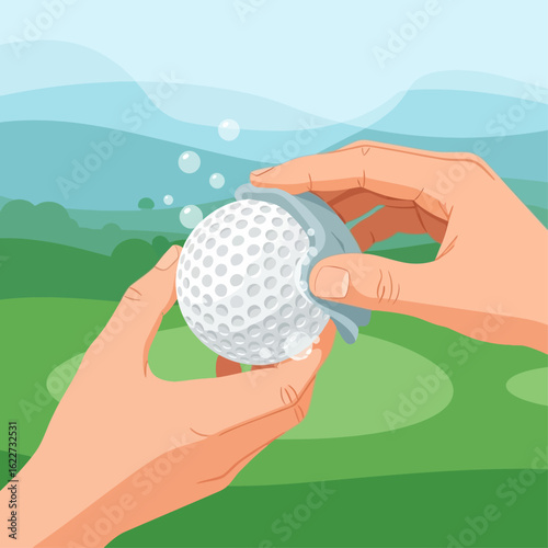 A person's hands cleaning a golf ball with a cloth on a green course.