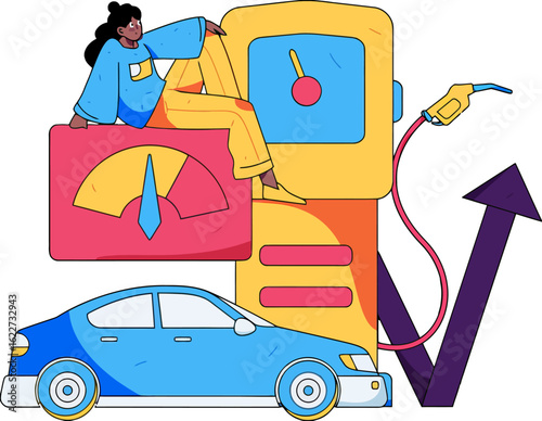 Fueling up for success as prices rise, a hopeful image of energy and transportation challenges with a woman sitting atop a gas pump and a car facing rising costs, representing the economic climate