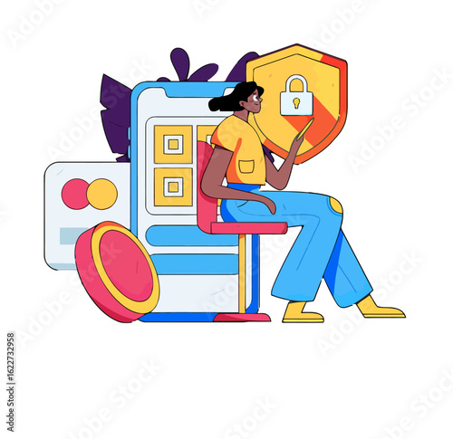 Secure digital payments are here with a young woman confidently managing online transactions on her mobile device, protected by robust cybersecurity, promoting safe and modern financial technology
