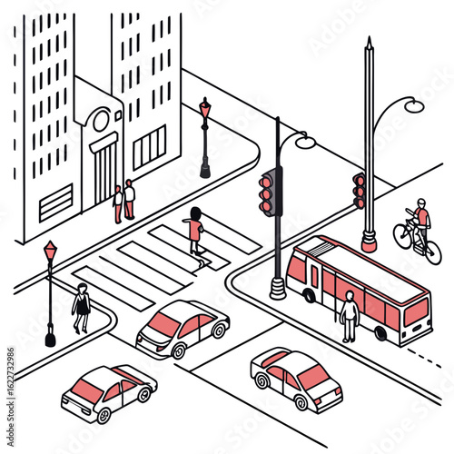 Isometric city intersection with cars, pedestrians, and a bus isolated on white background