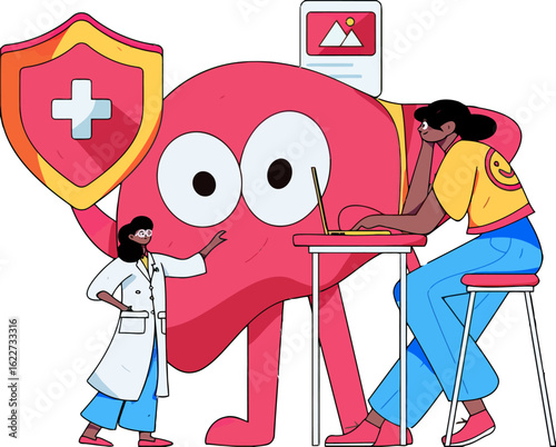 Adorable liver illustration with medical professional offering care alongside a woman working on her laptop, promoting liver health and awareness with a modern colorful cartoon graphic