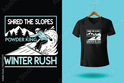 Snowboarder is having fun riding down a snowy mountainside in a cool, vintage style illustration. This design is perfect for winter sports enthusiasts
