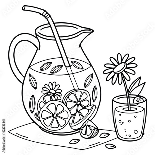 Refreshing hand drawn lemonade pitcher with flower and glass vector illustration