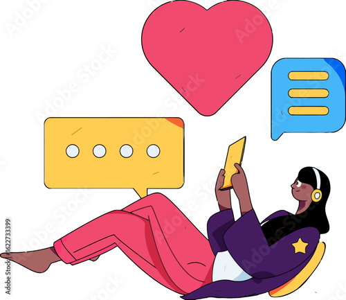 Relaxed young woman enjoys social media on her tablet with digital likes and comments floating around, perfect for illustrating modern communication, online connection, and digital lifestyle