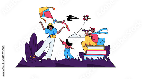 Imaginative friends flying kites, reading, and exploring nature creates a vibrant scene of youthful adventure and carefree play, perfect for conveying a sense of joy and whimsical childhood memories