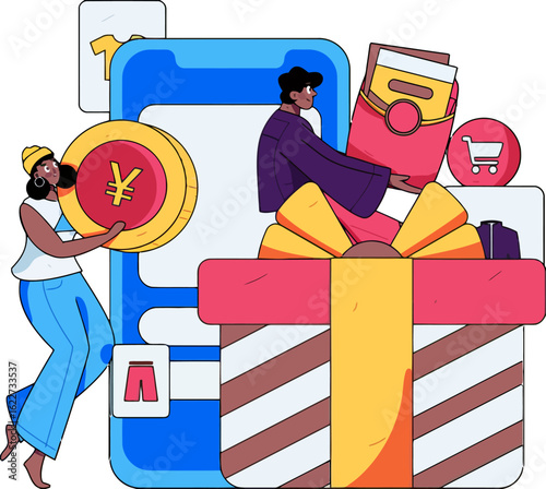 Celebrate the joy of online shopping with diverse characters and a festive gift box, visualizing the ease of e-commerce and global currency transactions for modern consumers