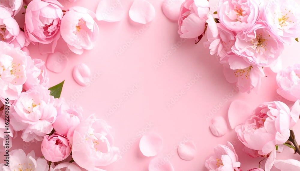 Obraz premium Elegant Floral Arrangement of Pink Roses and Petals on Soft Pink Background