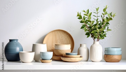Serene Pottery and Wood Decor Arrangement on White Shelf