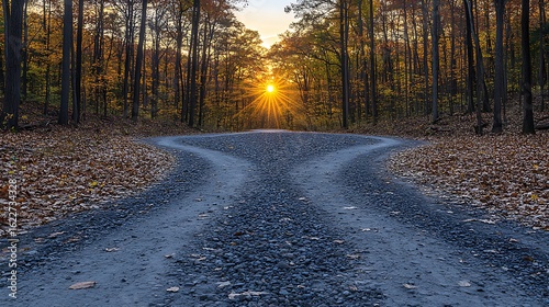 Fototapeta Naklejka Na Ścianę i Meble -  A gravel path winds through a forest at sunset.