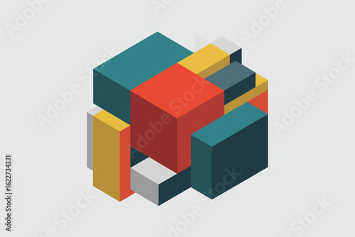 Isometric arrangement of colorful blocks forming a cube like structure on a light gray background