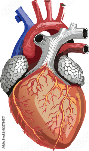 Illustration of a human heart with arteries and veins, showing anatomical details and blood flow.