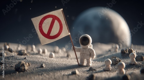 Miniature astronaut stands on a lunar surface, holding a prohibitive flag.