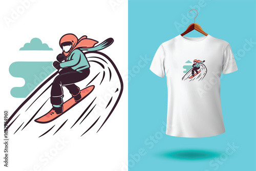 Snowboarder is having fun riding down a snowy mountainside in a cool, vintage style illustration. This design is perfect for winter sports enthusiasts