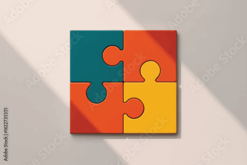 A square arrangement of four puzzle pieces in teal orange and yellow on a white surface with light shadow