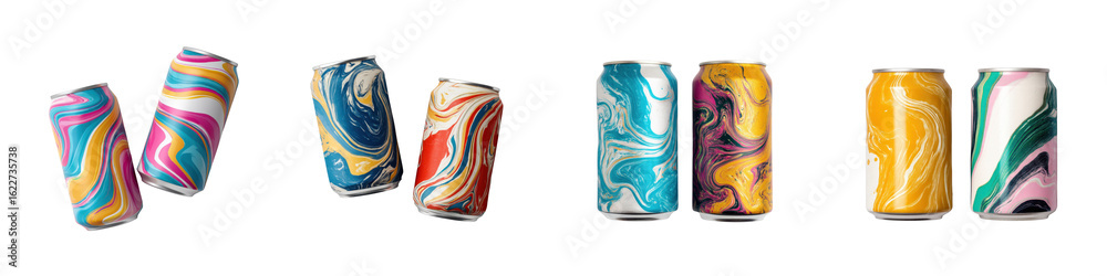 Fototapeta premium Assortment of beverage cans displaying vibrant abstract marbled liquid patterns transparent background
